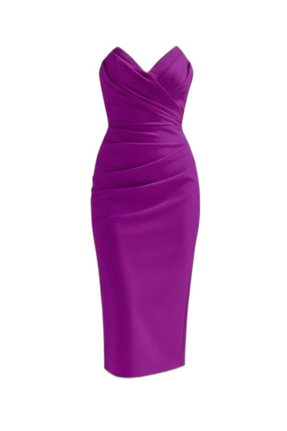 Elegant Purple Satin Midi Dress for Women with Sweetheart Sleeveless Bodycon Ruched Cocktail Style