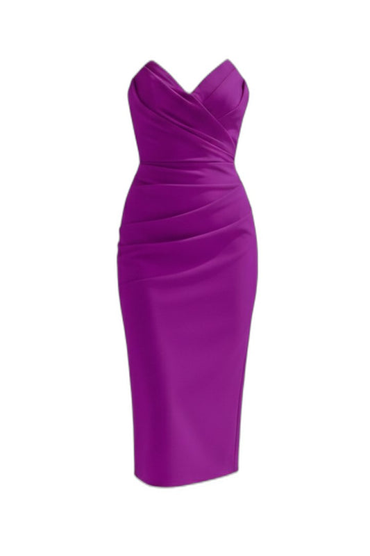 Elegant Purple Satin Midi Dress for Women with Sweetheart Sleeveless Bodycon Ruched Cocktail Style