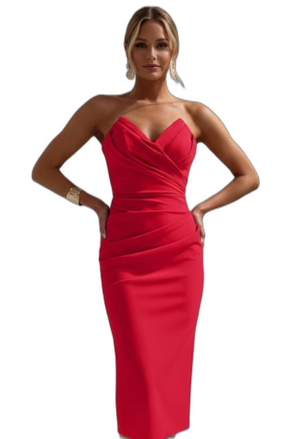 Elegant Purple Satin Midi Dress for Women with Sweetheart Sleeveless Bodycon Ruched Cocktail Style