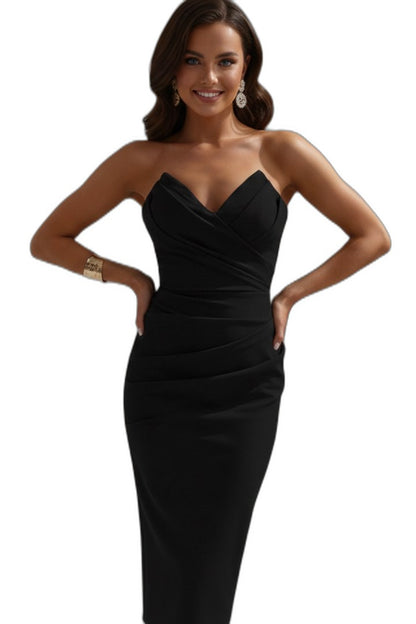 Elegant Purple Satin Midi Dress for Women with Sweetheart Sleeveless Bodycon Ruched Cocktail Style