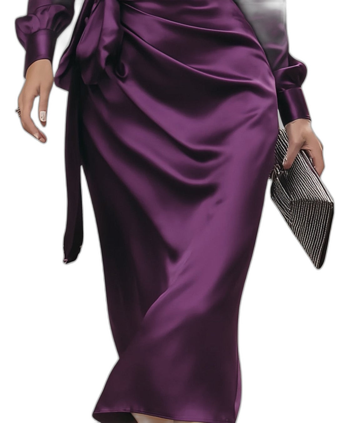Elegant Purple Satin Midi Dress for Women with V Neck Long Sleeve Bodycon Wrap Ruched Cocktail Style