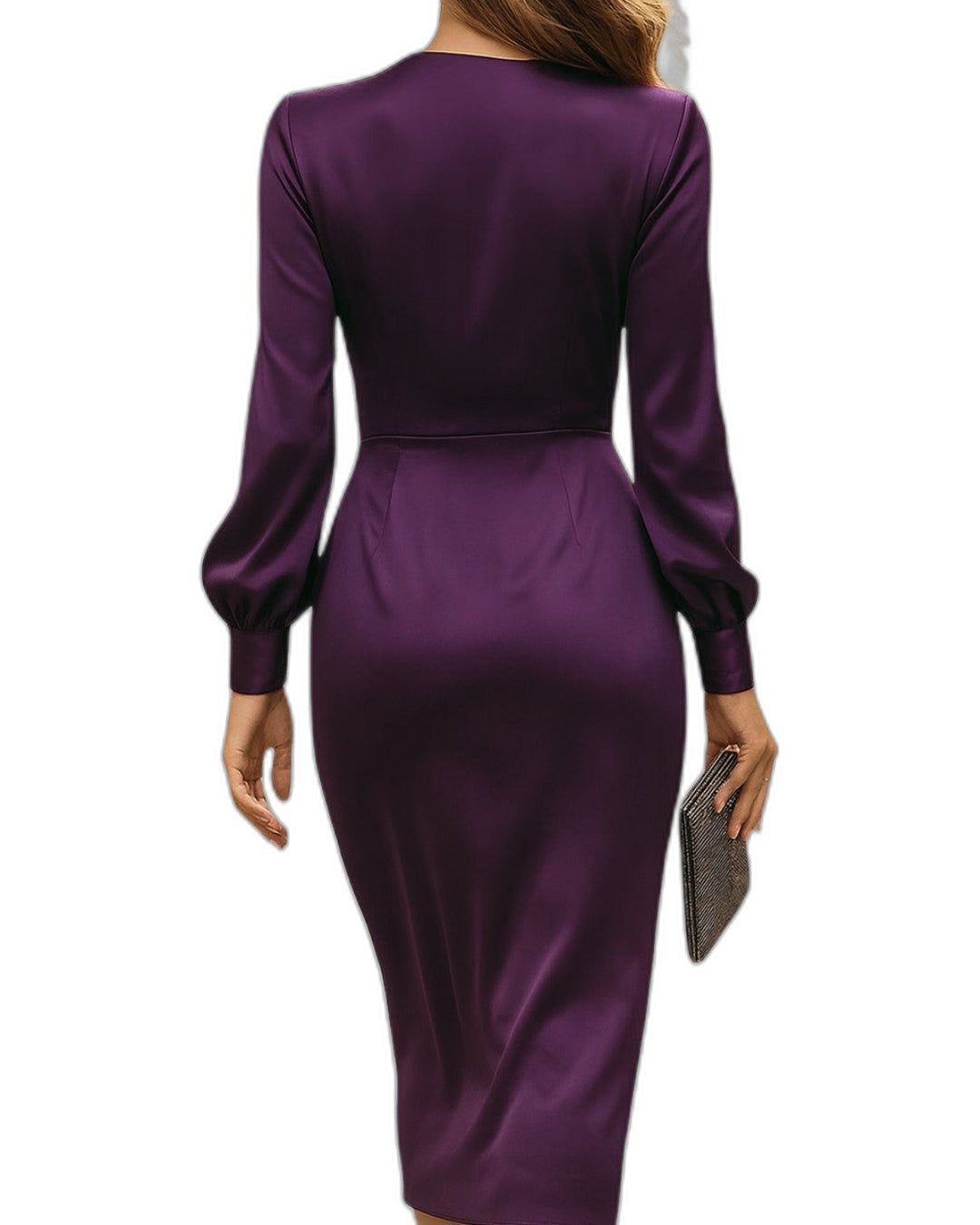 Elegant Purple Satin Midi Dress for Women with V Neck Long Sleeve Bodycon Wrap Ruched Cocktail Style