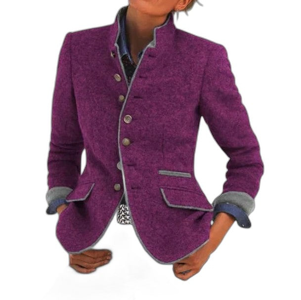 Elegant Purple Tweed Blazer for Women with Collared Long Sleeve Button Front Pockets Office Style