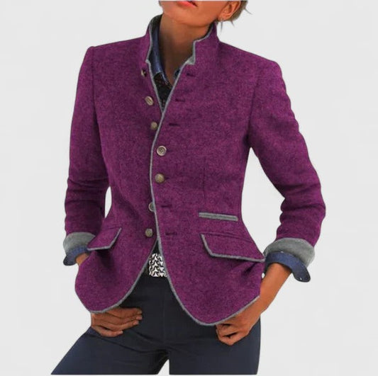 Elegant Purple Tweed Blazer for Women with Collared Long Sleeve Button Front Pockets Office Style