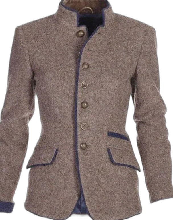 Elegant Purple Tweed Blazer for Women with Collared Long Sleeve Button Front Pockets Office Style