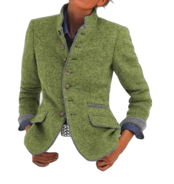 Elegant Purple Tweed Blazer for Women with Collared Long Sleeve Button Front Pockets Office Style