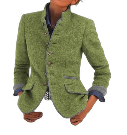 Elegant Purple Tweed Blazer for Women with Collared Long Sleeve Button Front Pockets Office Style