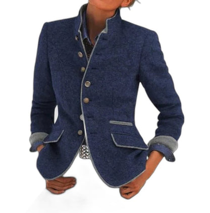 Elegant Purple Tweed Blazer for Women with Collared Long Sleeve Button Front Pockets Office Style