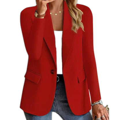 Elegant Red Blazer for Women with Collared Long Sleeve Button Front Pockets Office Style