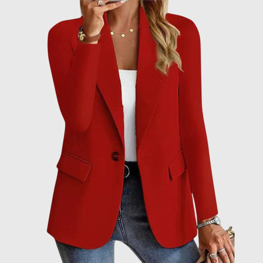 Elegant Red Blazer for Women with Collared Long Sleeve Button Front Pockets Office Style