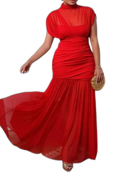 Elegant Red Chiffon Maxi Dress for Women with High Neck Short Sleeve Bodycon Ruched Tiered Formal Style