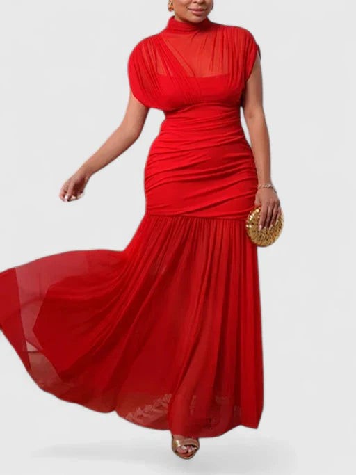 Elegant Red Chiffon Maxi Dress for Women with High Neck Short Sleeve Bodycon Ruched Tiered Formal Style