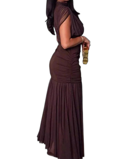 Elegant Red Chiffon Maxi Dress for Women with High Neck Short Sleeve Bodycon Ruched Tiered Formal Style