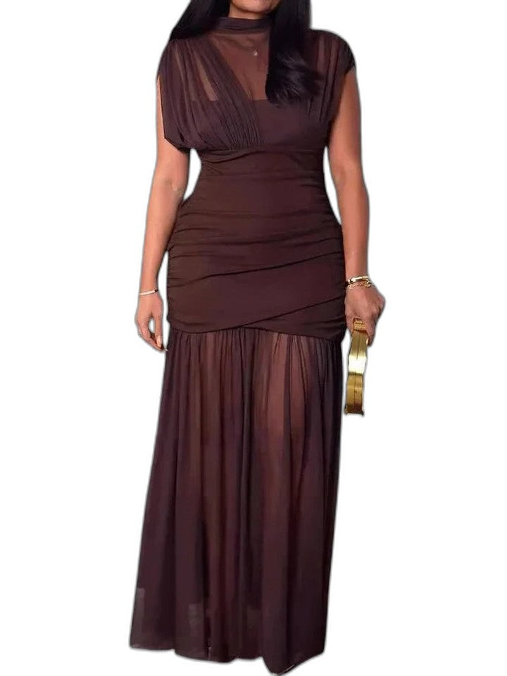 Elegant Red Chiffon Maxi Dress for Women with High Neck Short Sleeve Bodycon Ruched Tiered Formal Style