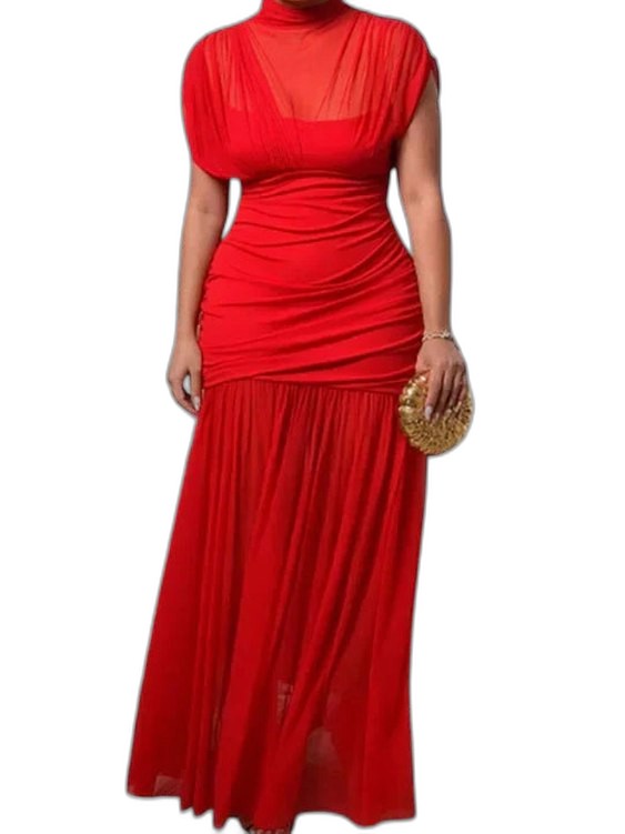Elegant Red Chiffon Maxi Dress for Women with High Neck Short Sleeve Bodycon Ruched Tiered Formal Style