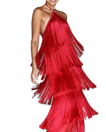 Elegant Red Maxi Dress for Women with Halter Sleeveless Tiered Ruffle Tassel Party Style