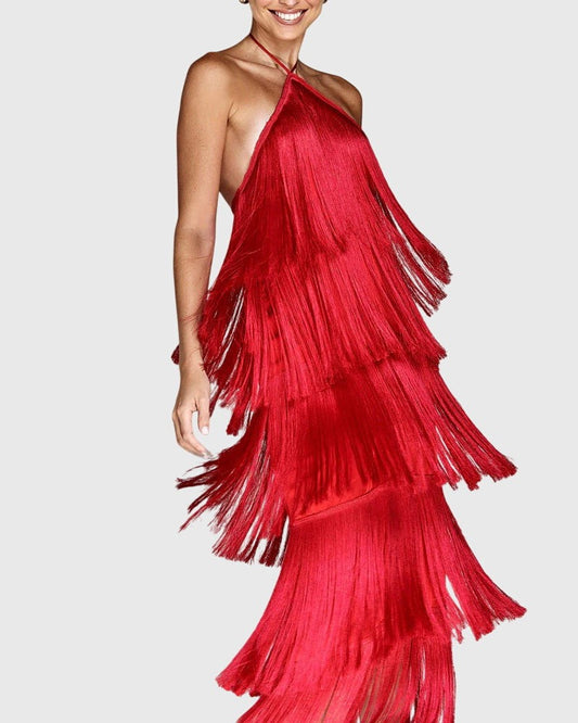 Elegant Red Maxi Dress for Women with Halter Sleeveless Tiered Ruffle Tassel Party Style