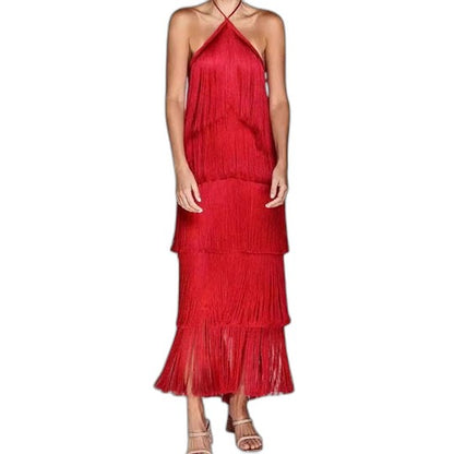 Elegant Red Maxi Dress for Women with Halter Sleeveless Tiered Ruffle Tassel Party Style