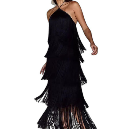 Elegant Red Maxi Dress for Women with Halter Sleeveless Tiered Ruffle Tassel Party Style
