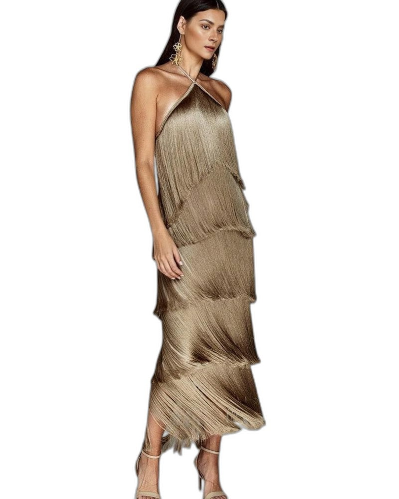 Elegant Red Maxi Dress for Women with Halter Sleeveless Tiered Ruffle Tassel Party Style
