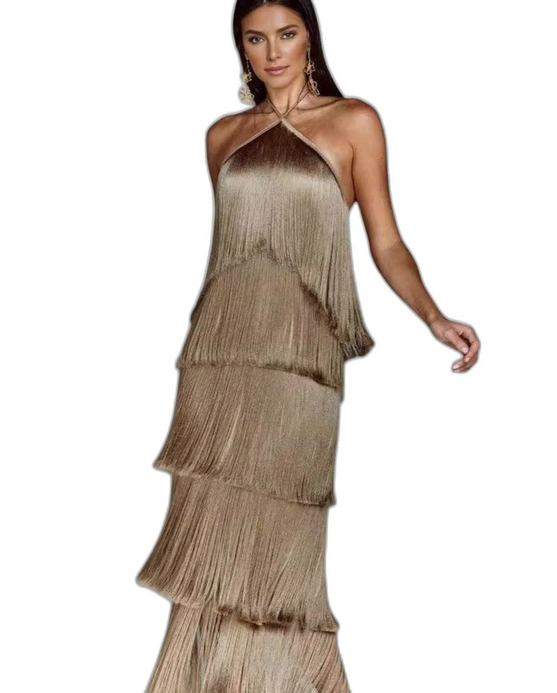 Elegant Red Maxi Dress for Women with Halter Sleeveless Tiered Ruffle Tassel Party Style
