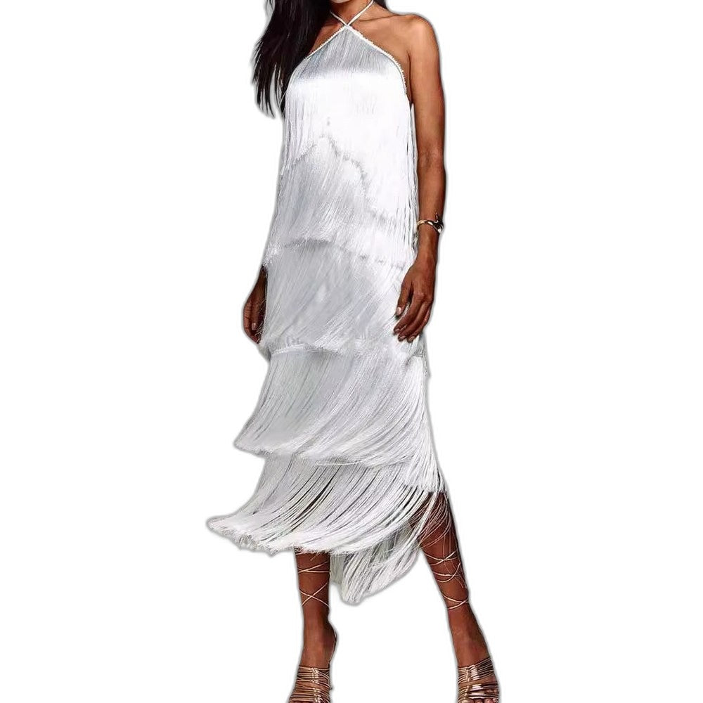 Elegant Red Maxi Dress for Women with Halter Sleeveless Tiered Ruffle Tassel Party Style