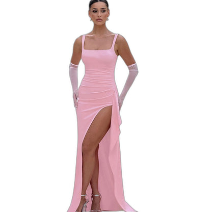 Elegant Red Maxi Dress for Women with Square Neck Spaghetti Strap Bodycon Open Back Pockets Formal Style