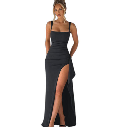 Elegant Red Maxi Dress for Women with Square Neck Spaghetti Strap Bodycon Open Back Pockets Formal Style
