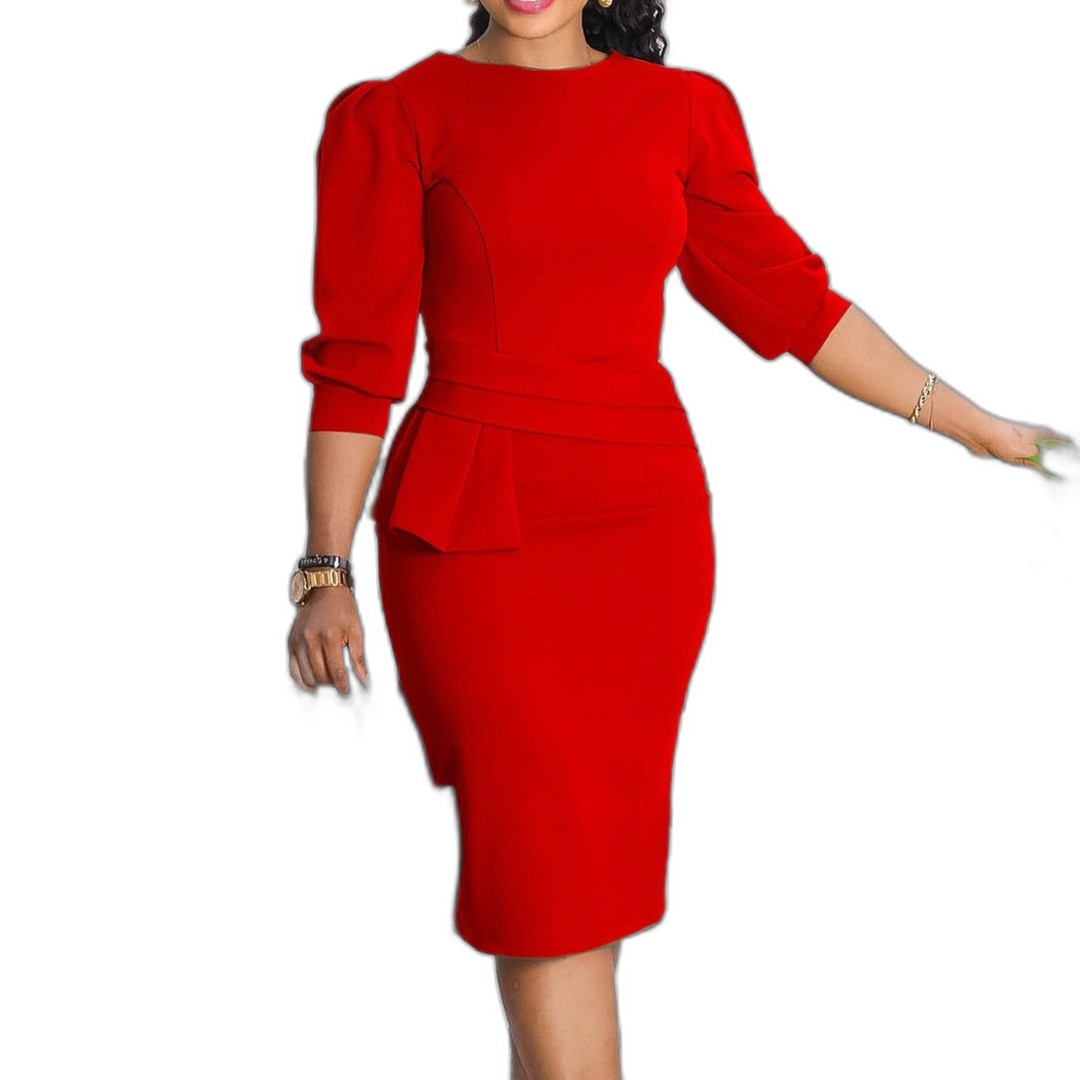 Elegant Red Midi Dress for Women with Crew Neck Elbow Sleeve Bodycon Ruffle Peplum Cocktail Style