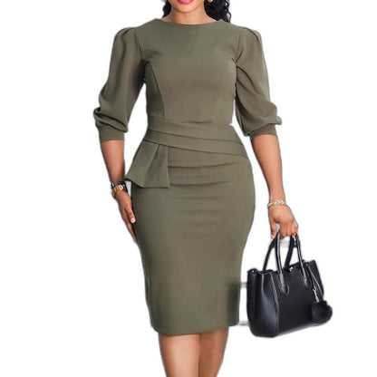 Elegant Red Midi Dress for Women with Crew Neck Elbow Sleeve Bodycon Ruffle Peplum Cocktail Style