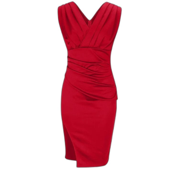 Elegant Red Midi Dress for Women with V Neck Sleeveless Bodycon Ruched Cocktail Style