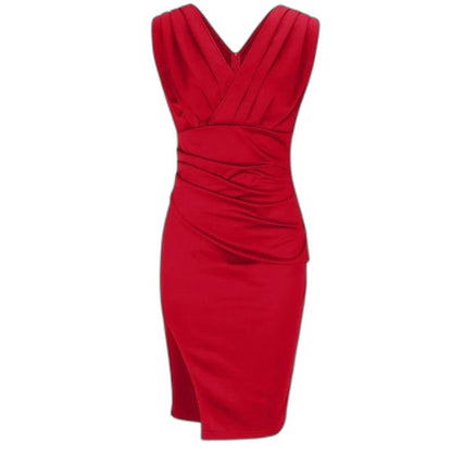 Elegant Red Midi Dress for Women with V Neck Sleeveless Bodycon Ruched Cocktail Style