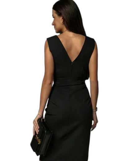 Elegant Red Midi Dress for Women with V Neck Sleeveless Bodycon Ruched Cocktail Style