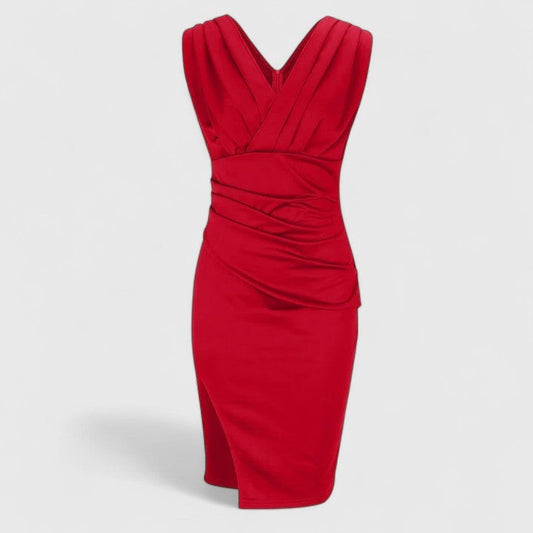 Elegant Red Midi Dress for Women with V Neck Sleeveless Bodycon Ruched Cocktail Style