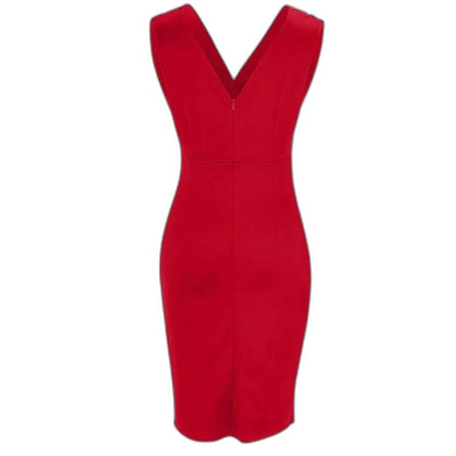 Elegant Red Midi Dress for Women with V Neck Sleeveless Bodycon Ruched Cocktail Style