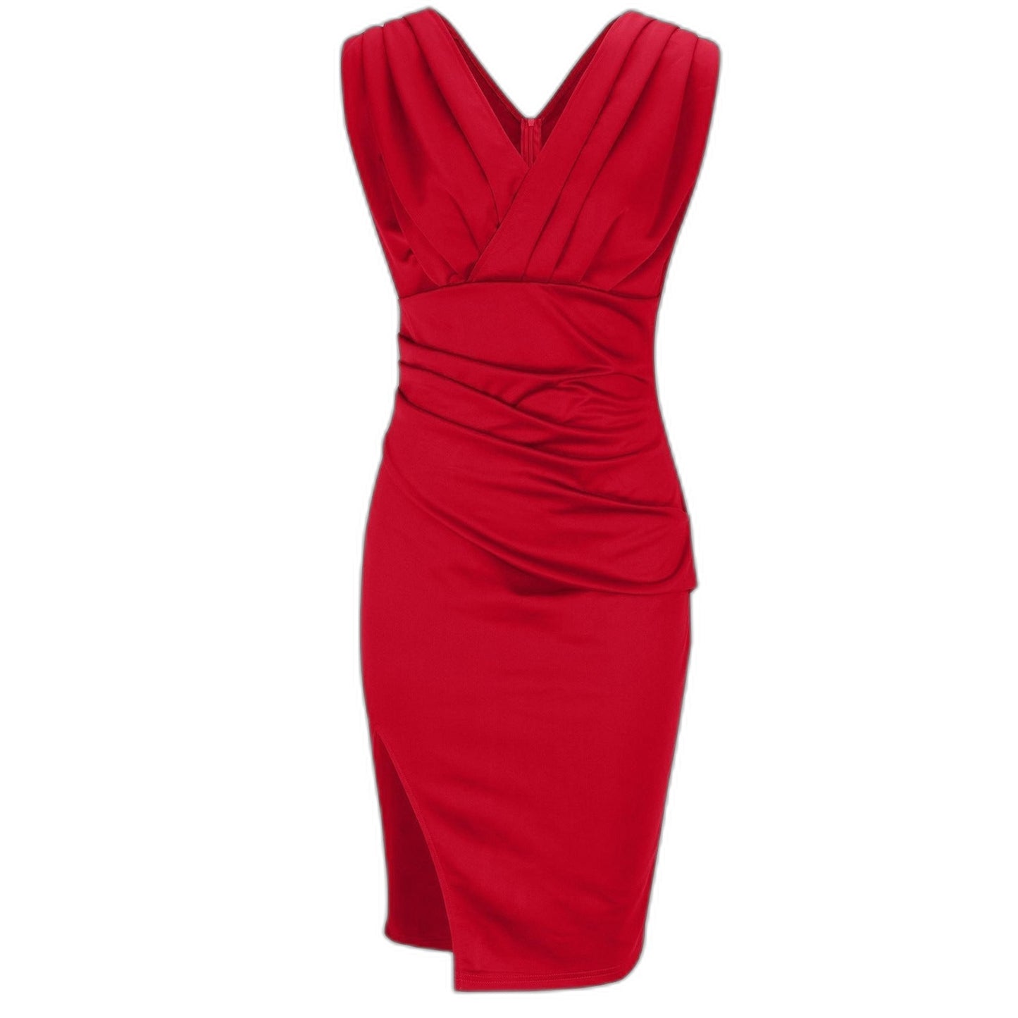 Elegant Red Mini Dress for Women with V Neck Sleeveless Bodycon Ruched Cutout Party Style