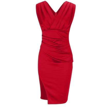 Elegant Red Mini Dress for Women with V Neck Sleeveless Bodycon Ruched Cutout Party Style