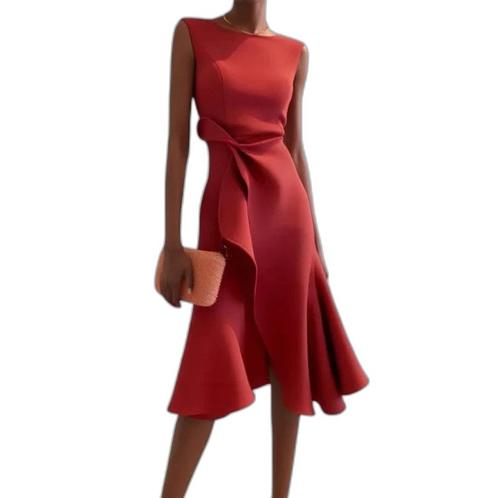 Elegant Red Satin Midi Dress for Women with Boat Neck Sleeveless A Line Ruffle Cocktail Style