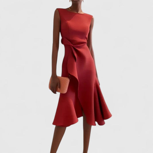 Elegant Red Satin Midi Dress for Women with Boat Neck Sleeveless A Line Ruffle Cocktail Style