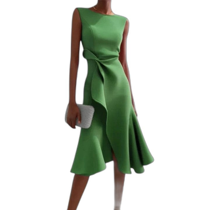 Elegant Red Satin Midi Dress for Women with Boat Neck Sleeveless A Line Ruffle Cocktail Style