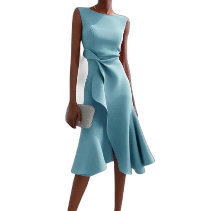 Elegant Red Satin Midi Dress for Women with Boat Neck Sleeveless A Line Ruffle Cocktail Style