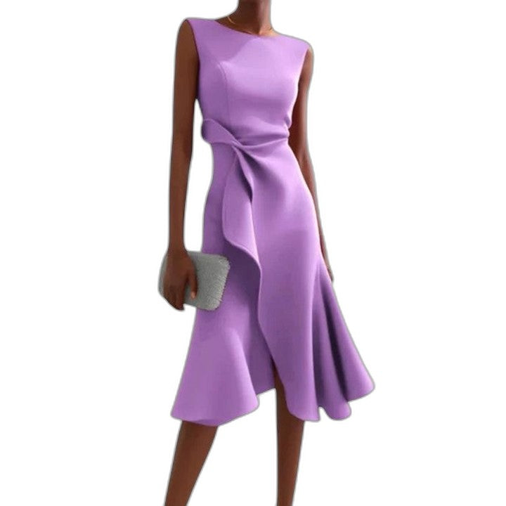 Elegant Red Satin Midi Dress for Women with Boat Neck Sleeveless A Line Ruffle Cocktail Style