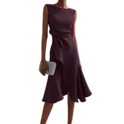 Elegant Red Satin Midi Dress for Women with Boat Neck Sleeveless Ruffle Asymmetric Fit And Flare Cocktail Style