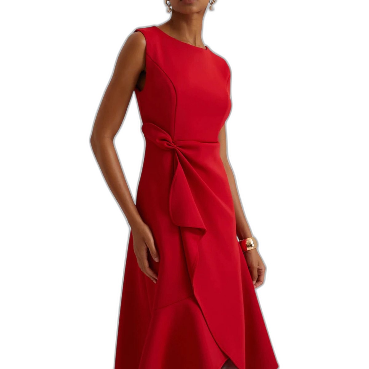 Elegant Red Satin Midi Dress for Women with Boat Neck Sleeveless Ruffle Asymmetric Fit And Flare Cocktail Style