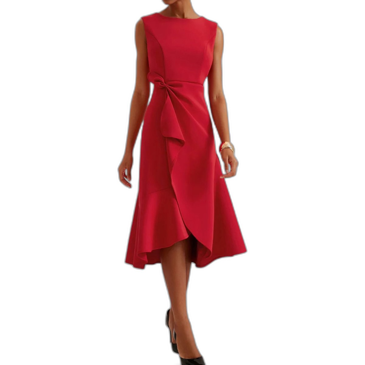 Elegant Red Satin Midi Dress for Women with Boat Neck Sleeveless Ruffle Asymmetric Fit And Flare Cocktail Style