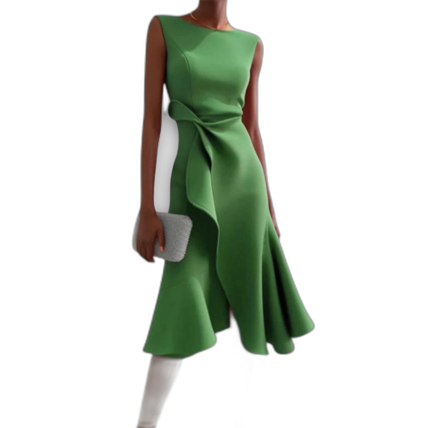 Elegant Red Satin Midi Dress for Women with Boat Neck Sleeveless Ruffle Asymmetric Fit And Flare Cocktail Style