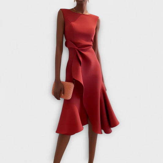 Elegant Red Satin Midi Dress for Women with One Shoulder Sleeveless Bodycon Ruffle Cocktail Style