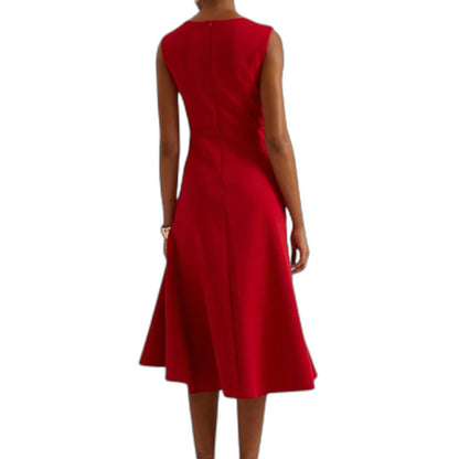 Elegant Red Satin Midi Dress for Women with One Shoulder Sleeveless Bodycon Ruffle Cocktail Style