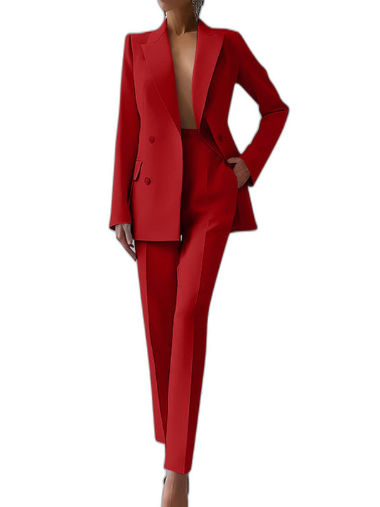 Elegant Red Two Piece Set for Women with Button Front Straight Leg Formal Style