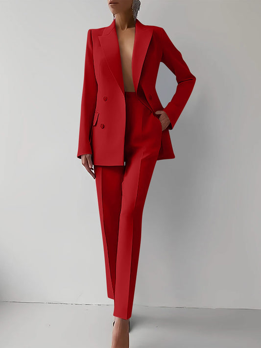 Elegant Red Two Piece Set for Women with Button Front Straight Leg Formal Style